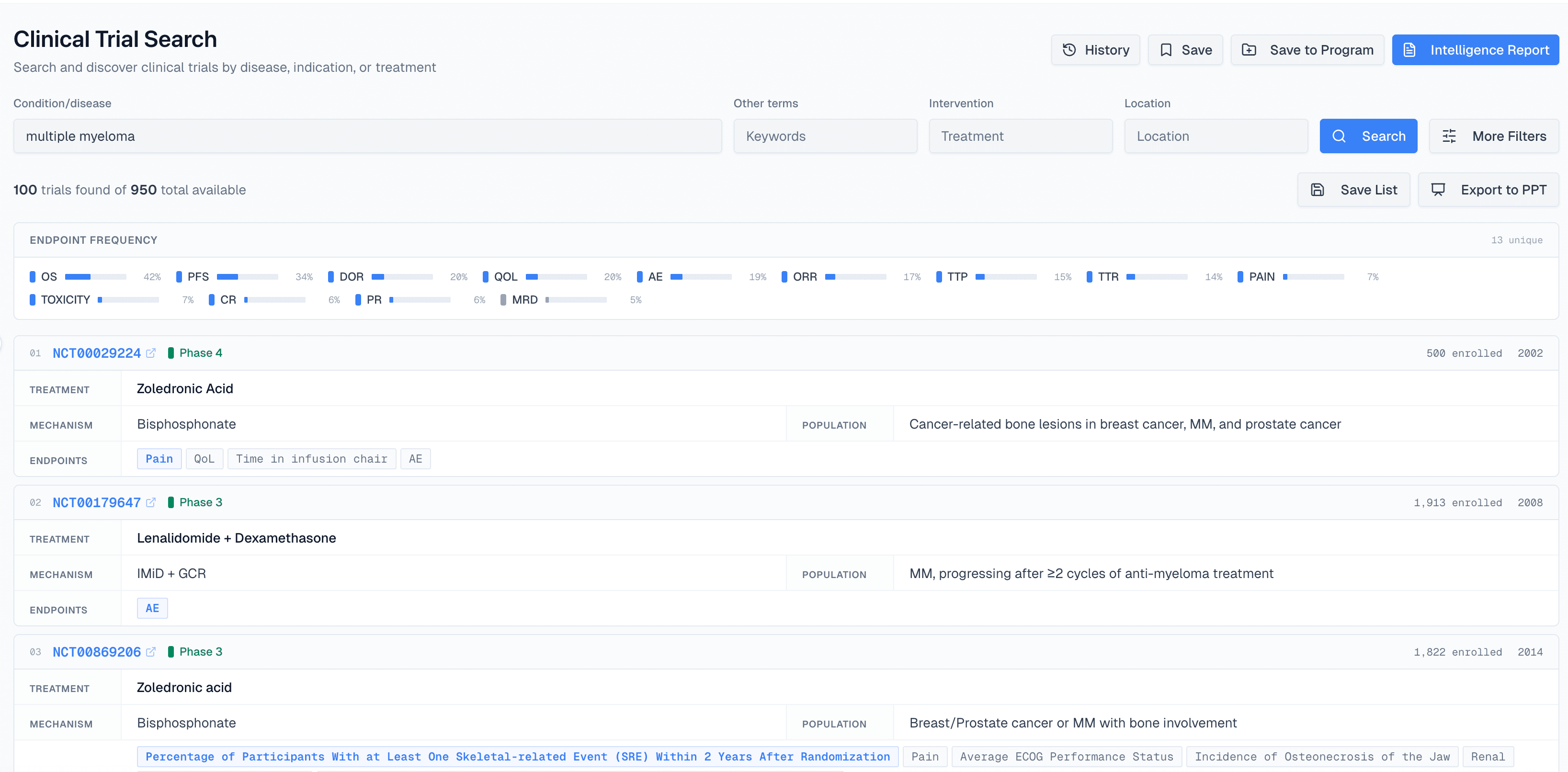 Clinical trial search interface