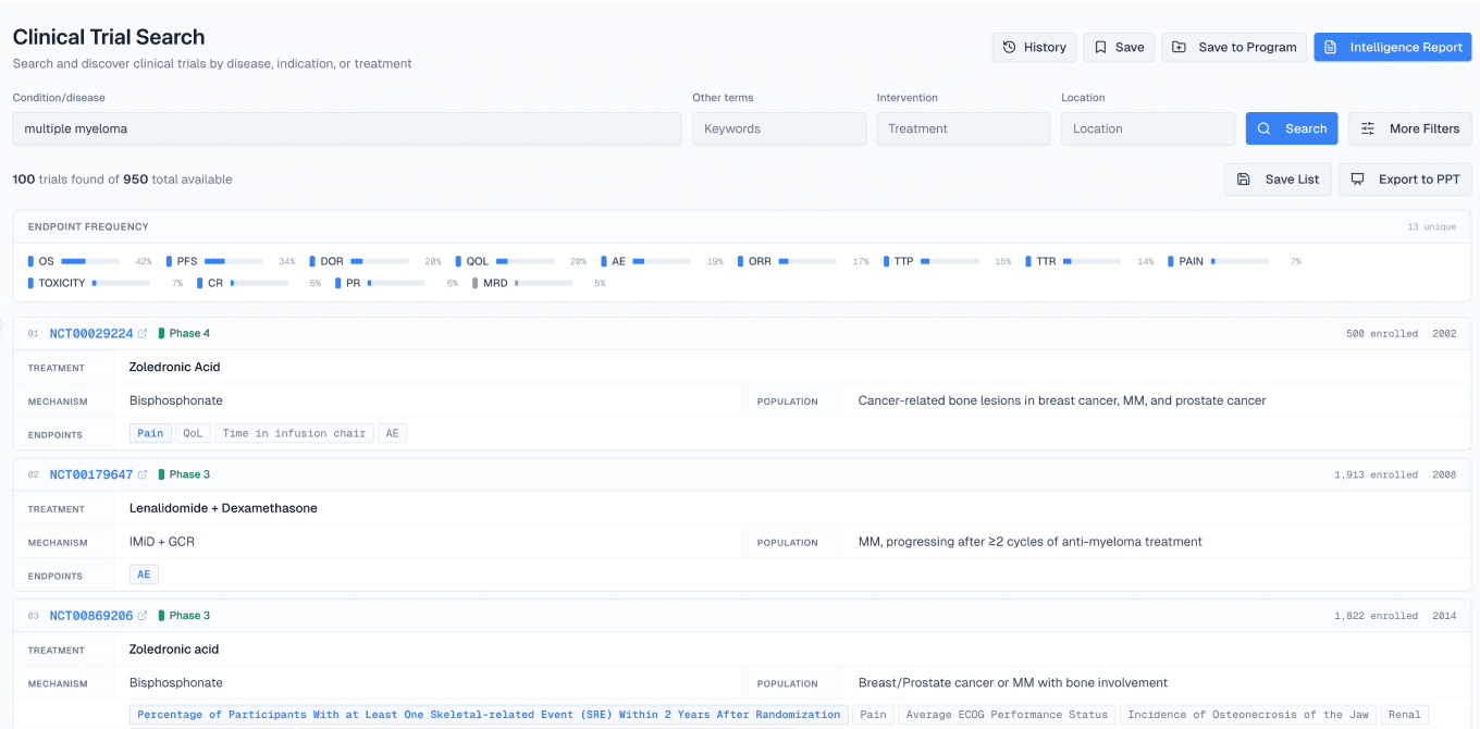 Clinical trial search interface