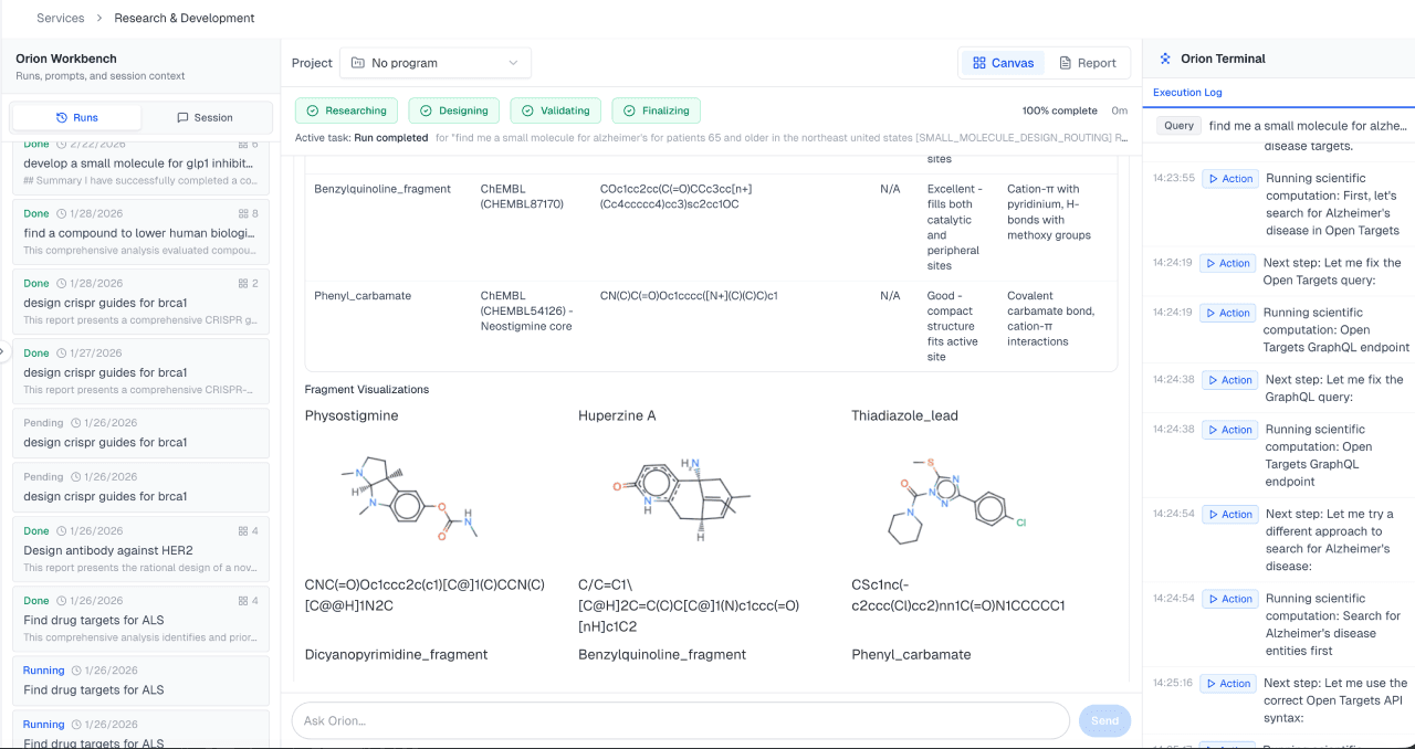 Orion workbench UI for small molecule design, candidate selection, and analysis