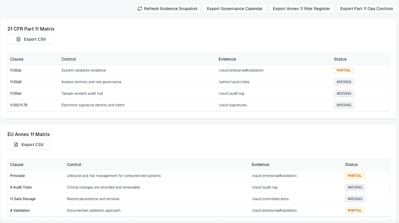 Vault compliance matrix export for Part 11 and Annex 11 evidence