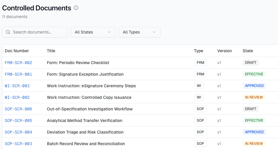 Vault controlled documents list with SOP, WI, and form states for quality operations